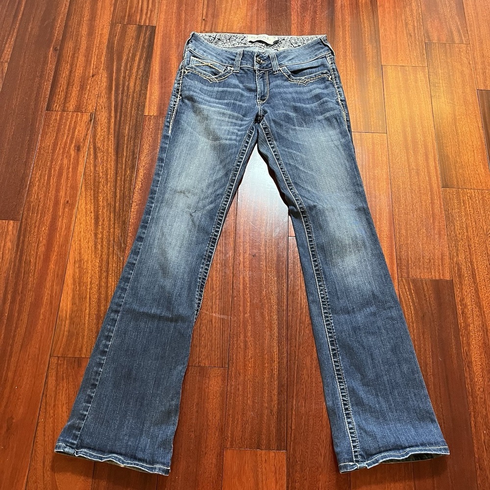 Ariat REAL Denim Jeans Womens 29 L Mid Rise Boot Cut Stretch Dark Wash 31x34 ***